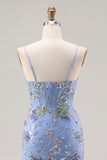 Sparkly Blue Mermaid Sequins Corset Ruffled Floral Long Prom Dress with Slit