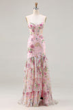 Sparkly Pink Mermaid Sequins Corset Floral Ruffled Long Prom Dress with Slit