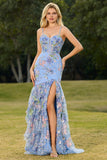 Sparkly Blue Mermaid Sequins Corset Ruffled Floral Long Prom Dress with Slit