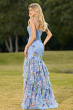 Sparkly Blue Mermaid Sequins Corset Ruffled Floral Long Prom Dress with Slit