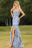 Sparkly Blue Mermaid Sequins Corset Ruffled Floral Long Prom Dress with Slit
