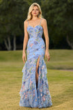 Sparkly Blue Mermaid Sequins Corset Ruffled Floral Long Prom Dress with Slit