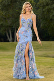 Sparkly Blue Mermaid Sequins Corset Ruffled Floral Long Prom Dress with Slit