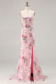 Pink Mermaid Strapless Corset Sequins Lace Up Back Long Prom Dress with Slit