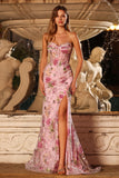 Strapless Pink Floral Mermaid Corset Sequin Long Prom Dress with Slit