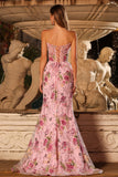Strapless Pink Floral Mermaid Corset Sequin Long Prom Dress with Slit