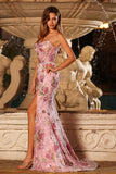 Strapless Pink Floral Mermaid Corset Sequin Long Prom Dress with Slit