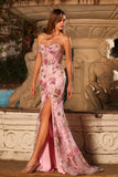 Strapless Pink Floral Mermaid Corset Sequin Long Prom Dress with Slit