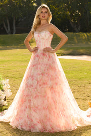 Strapless Pink A-Line Corset Print Floral Beaded Long Prom Dress with Ruffles