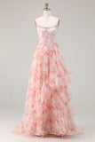 Pink A-Line Strapless Corset Print Floral Beaded Long Prom Dress with Ruffles