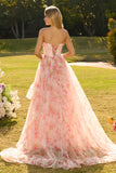 Strapless Pink A-Line Corset Print Floral Beaded Long Prom Dress with Ruffles