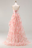 Pink A-Line Strapless Corset Print Floral Beaded Long Prom Dress with Ruffles
