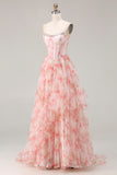 Pink A-Line Strapless Corset Print Floral Beaded Long Prom Dress with Ruffles