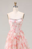 Pink A-Line Strapless Corset Print Floral Beaded Long Prom Dress with Ruffles