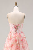 Pink A-Line Strapless Corset Print Floral Beaded Long Prom Dress with Ruffles