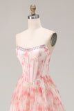 Pink A-Line Strapless Corset Print Floral Beaded Long Prom Dress with Ruffles