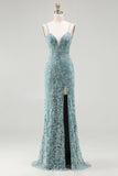 Grey Green Mermaid Appliqued Beaded Tie Back Long Prom Dress with Slit