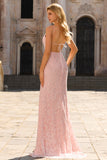 Pink Mermaid Spaghetti Straps Open Back Beaded Tie Back Long Prom Dress with Slit