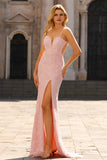Pink Mermaid Spaghetti Straps Open Back Beaded Tie Back Long Prom Dress with Slit