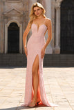 Pink Mermaid Spaghetti Straps Open Back Beaded Tie Back Long Prom Dress with Slit