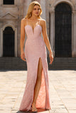 Pink Mermaid Spaghetti Straps Open Back Beaded Tie Back Long Prom Dress with Slit