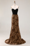 Brown Leopard Sweetheart Mermaid Long Prom Dress with Bow