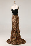 Brown Leopard Sweetheart Mermaid Long Prom Dress with Bow