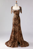 Beaded Mermaid Brown Leopard Mermaid Long Prom Dress with Slit