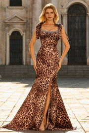 Brown Leopard Print Mermaid Long Prom Dress with Slit