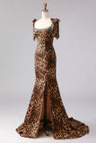 Beaded Mermaid Brown Leopard Mermaid Long Prom Dress with Slit