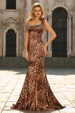 Brown Leopard Print Mermaid Long Prom Dress with Slit
