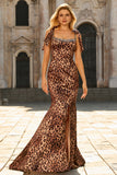 Brown Leopard Print Mermaid Long Prom Dress with Slit
