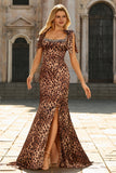 Brown Leopard Print Mermaid Long Prom Dress with Slit