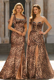 Brown Leopard Print Mermaid Long Prom Dress with Slit