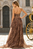 Brown Leopard Print A Line Strapless Corset Long Prom Dress with Slit
