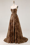 Brown Leopard A Line Strapless Corset Long Prom Dress with Slit