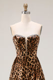 Brown Leopard A Line Strapless Corset Long Prom Dress with Slit