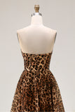 Brown Leopard A Line Strapless Corset Long Prom Dress with Slit