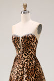 Brown Leopard A Line Strapless Corset Long Prom Dress with Slit