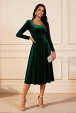 Dark Green A Line Velvet Long Sleeves Holiday Party Dress