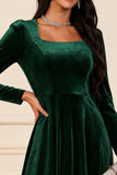 Dark Green A Line Velvet Long Sleeves Holiday Party Dress