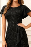Glitter Black A-Line Round Neck Ruffled Holiday Party Dress