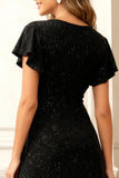 Glitter Black A-Line Round Neck Ruffled Holiday Party Dress