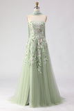 Dusty Sage A Line Strapless Embroidered Long Prom Dress with Slit
