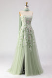 Dusty Sage A Line Strapless Embroidered Long Prom Dress with Slit