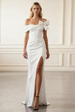 White Off The Shoulder Statement Bow Wedding Dress with Thigh-High Slit