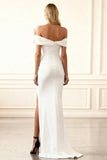 White Off The Shoulder Statement Bow Wedding Dress with Thigh-High Slit