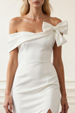 White Off The Shoulder Statement Bow Wedding Dress with Thigh-High Slit
