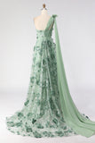 Eucalyptus A Line One Shoulder 3D Flowers Long Prom Dress with Slit