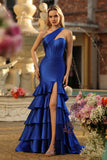 Royal Blue One Shoulder Mermaid Corset Ruffled Long Prom Dress with Slit